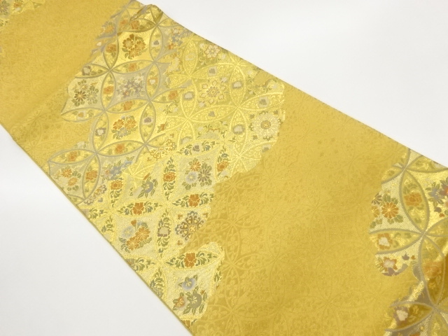 JAPANESE KIMONO / FUKURO OBI / SILK / WOVEN SHIPPO & FLORAL CREST & FLORAL PLANTS